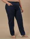 Plus-size woman in side view wearing Blue Plus Size Straight Fit Jeans with mid-rise waist and straight leg design