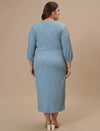Plus-size woman in back view wearing Blue Plus Size Striped Sheath Dress with center seam and straight hem