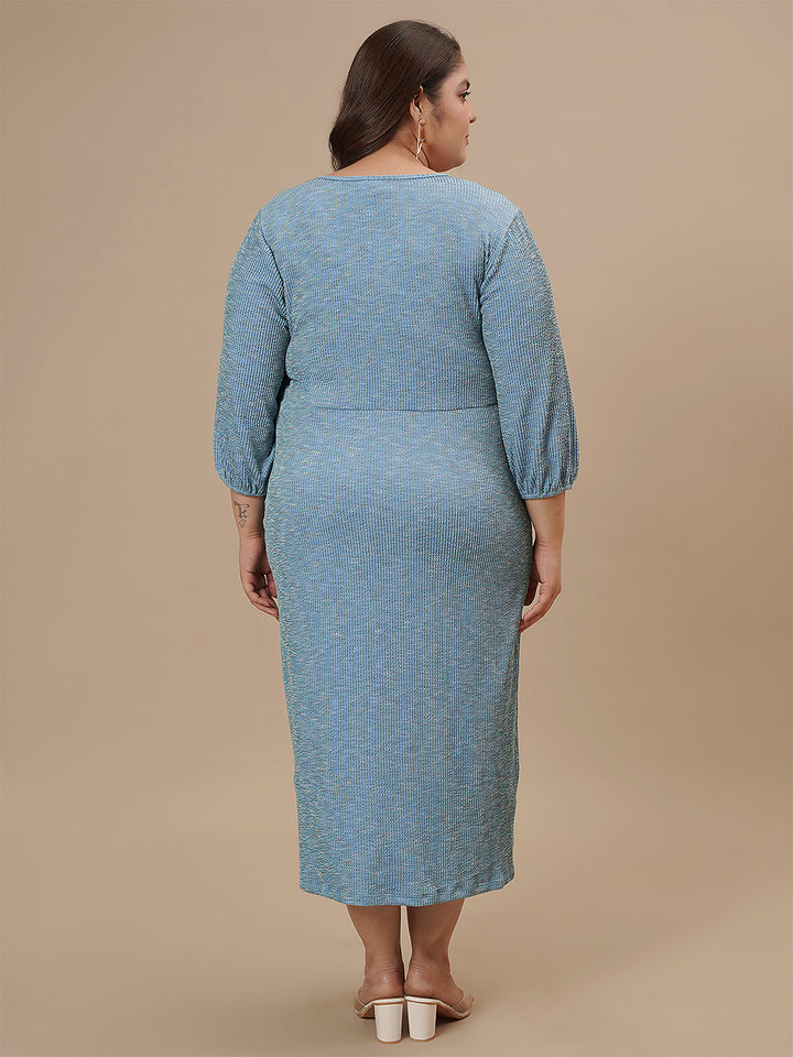 Plus-size woman in back view wearing Blue Plus Size Striped Sheath Dress with center seam and straight hem