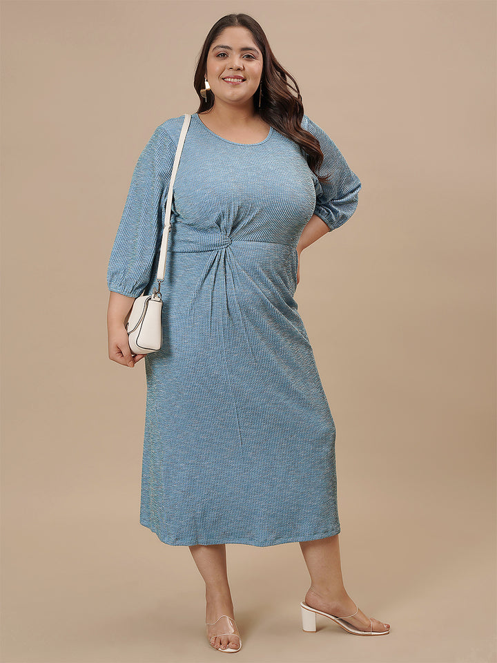 Plus-size woman in style shoot wearing Blue Plus Size Striped Sheath Dress with fitted shape and stripe pattern