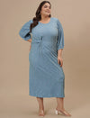 Plus-size woman in front pose wearing Blue Plus Size Striped Sheath Dress with vertical stripes and slim fit