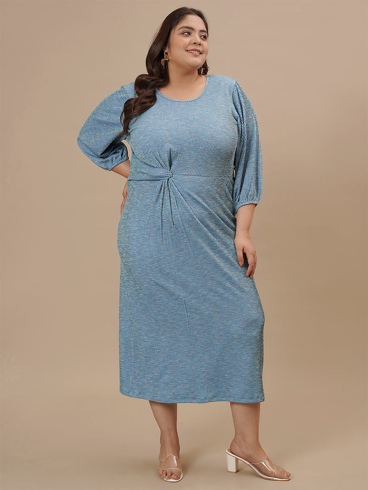 Plus-size woman in front pose wearing Blue Plus Size Striped Sheath Dress with vertical stripes and slim fit