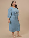 Plus-size woman in right side view wearing Blue Plus Size Striped Sheath Dress with sleeveless design and striped print