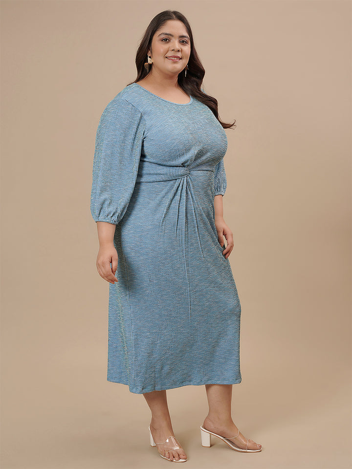 Plus-size woman in right side view wearing Blue Plus Size Striped Sheath Dress with sleeveless design and striped print