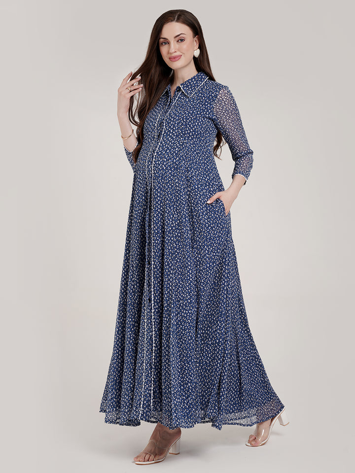 Blue Polka Maternity Maxi Dress