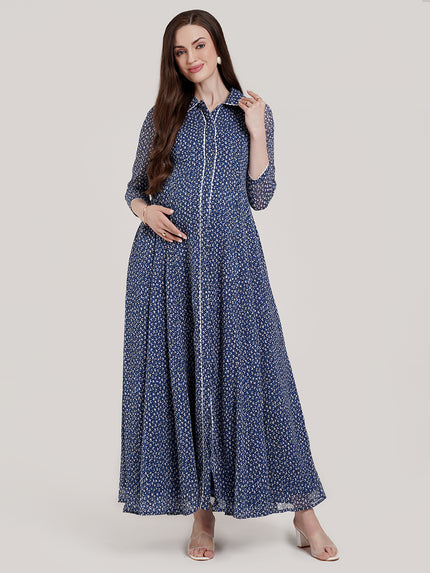 Blue Polka Maternity Maxi Dress