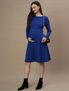 Blue Ribbed Maternity Flare Dress