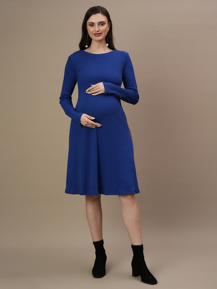 Blue Ribbed Maternity Flare Dress