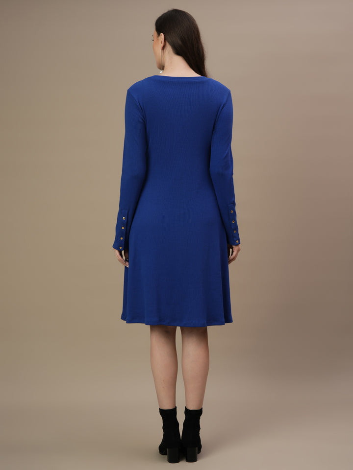 Blue Ribbed Maternity Flare Dress