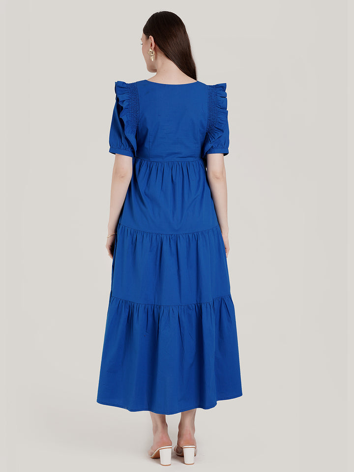 Blue Ruffle Sleeve Maternity Dress