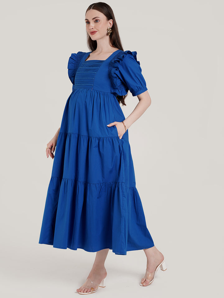 Blue Ruffle Sleeve Maternity Dress