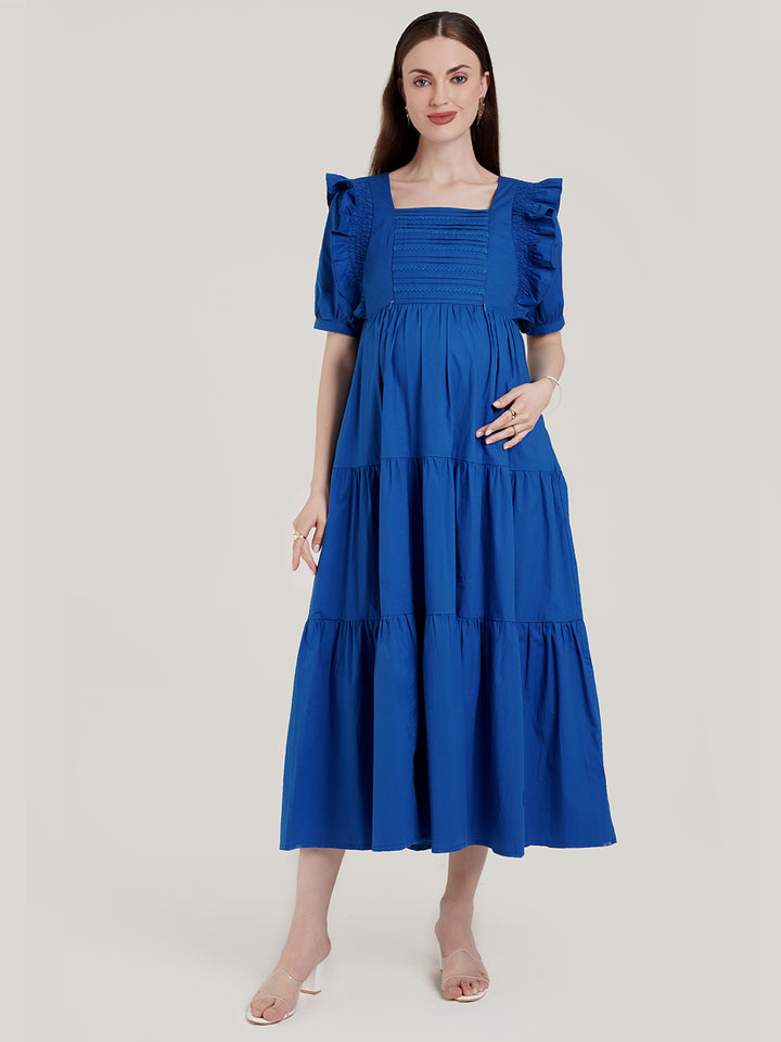 Blue Ruffle Sleeve Maternity Dress