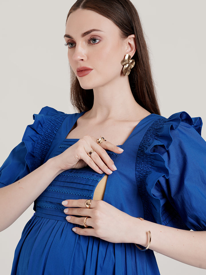 Blue Ruffle Sleeve Maternity Dress