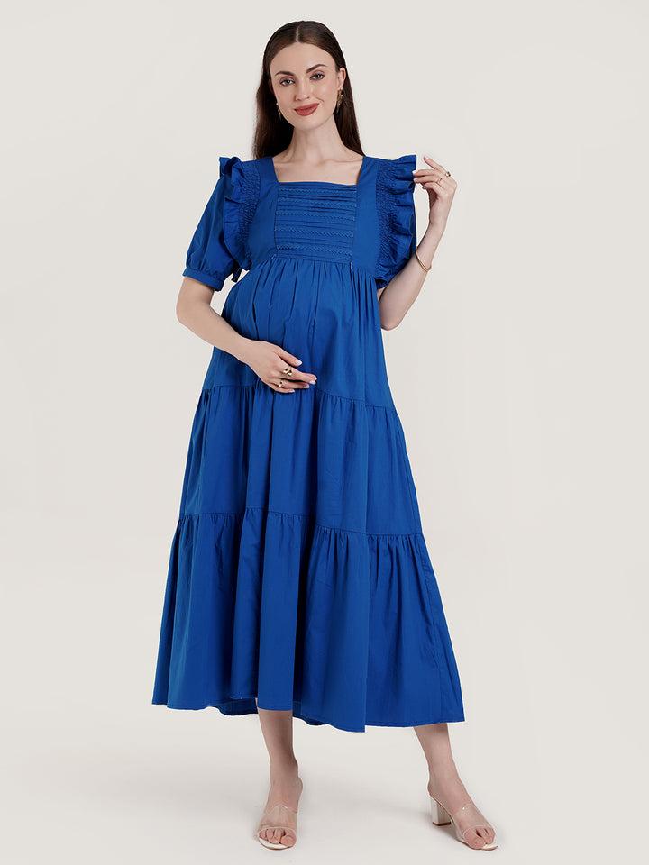 Blue Ruffle Sleeve Maternity Dress
