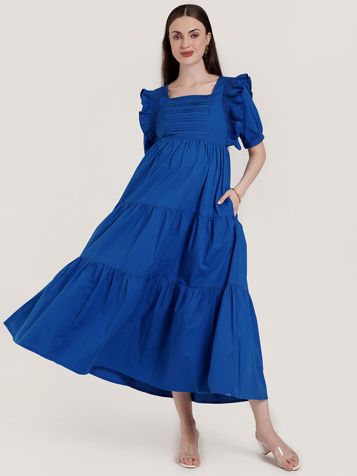 Blue Ruffle Sleeve Maternity Dress
