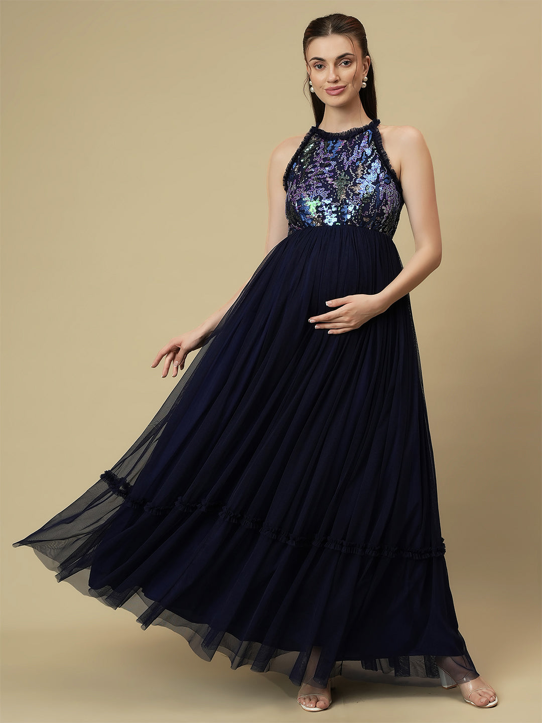 blue sequin maternity dress JJ's House A-line Off the Shoulder Floor-Length Sequin Tulle Maternity Formal Dress 2026