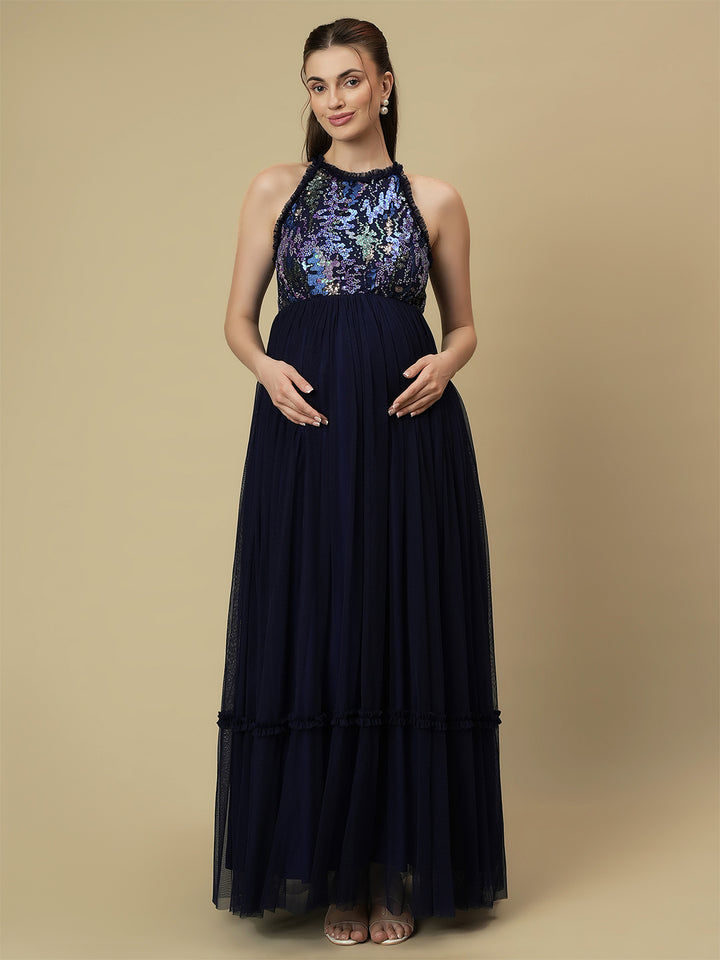 Blue Sequin Maternity Formal Dress