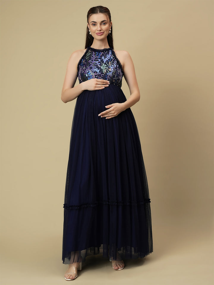 Blue Sequin Maternity Formal Dress