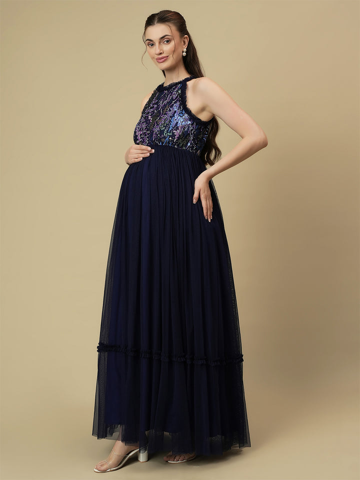 Blue Sequin Maternity Formal Dress
