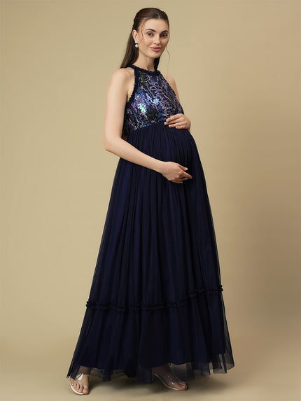 Blue Sequin Maternity Formal Dress