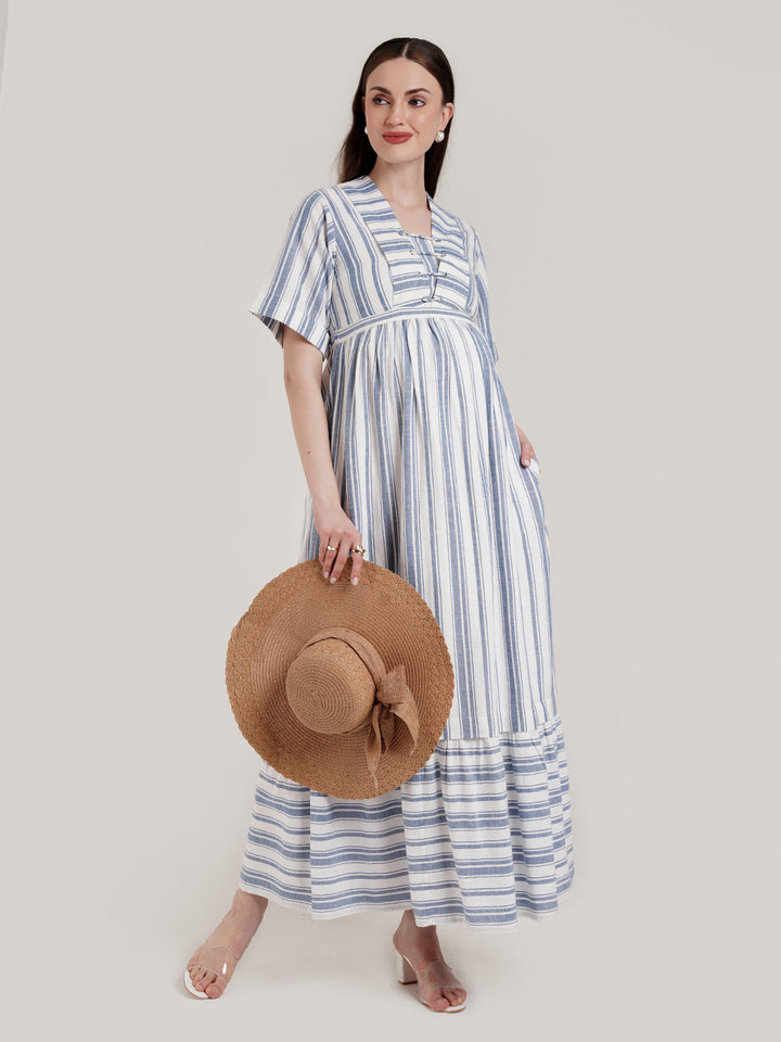 Blue and White Striped Maternity Dress