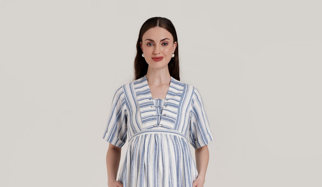 Blue Striped Button Up And Short Maternity Set main image 0