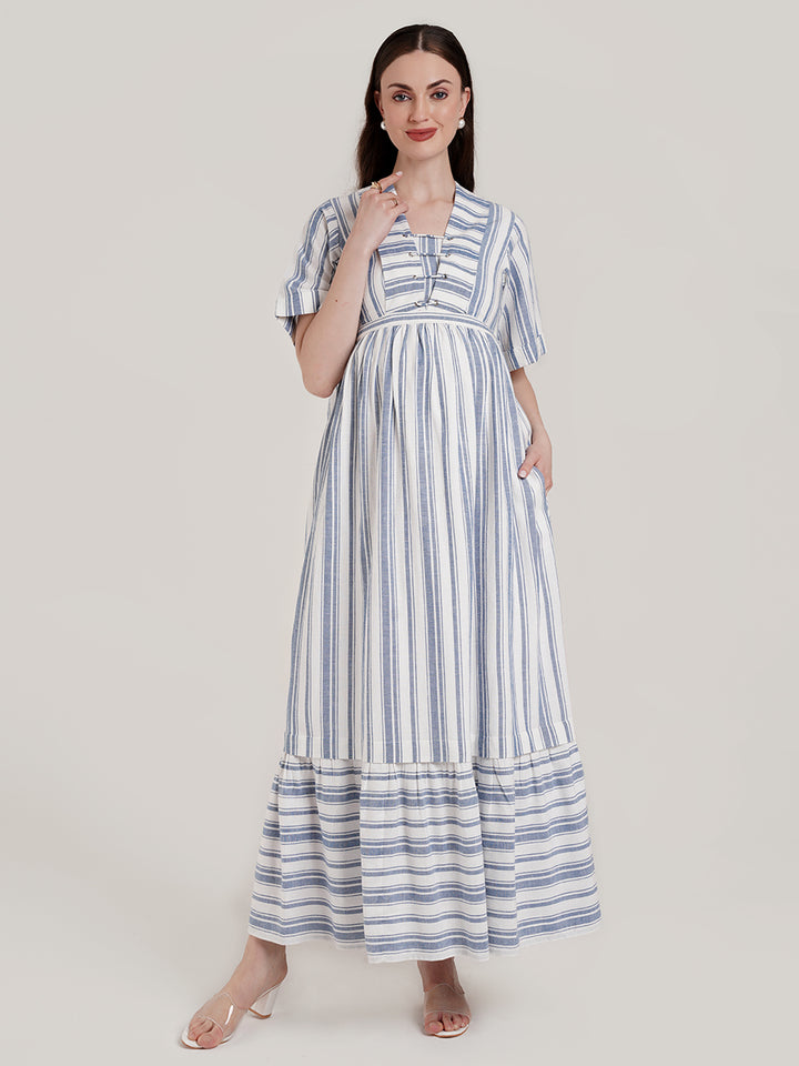 Blue and White Striped Maternity Dress