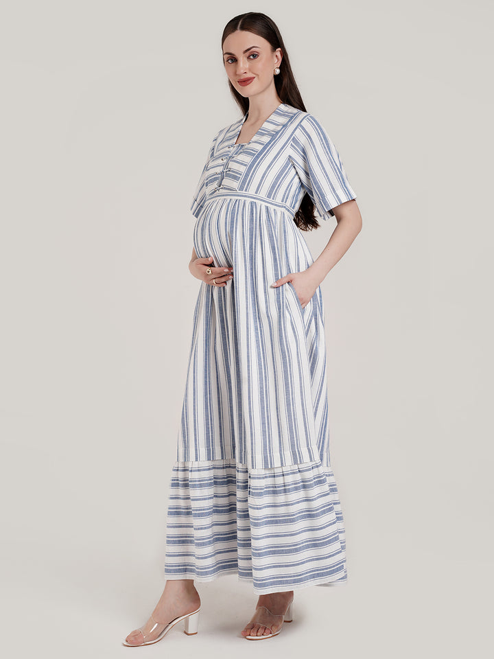 Blue and White Striped Maternity Dress