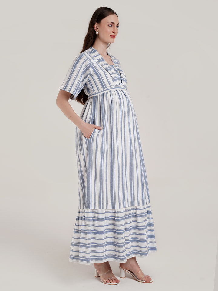 Blue and White Striped Maternity Dress