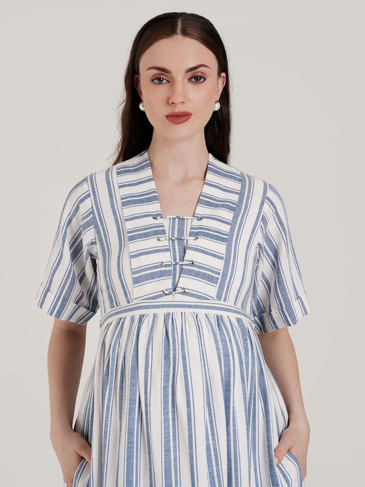 Blue and White Striped Maternity Dress