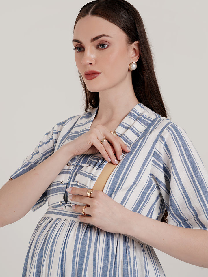 Blue and White Striped Maternity Dress