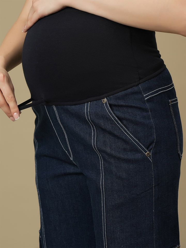 Blue Wide-leg Maternity Cargo Jeans