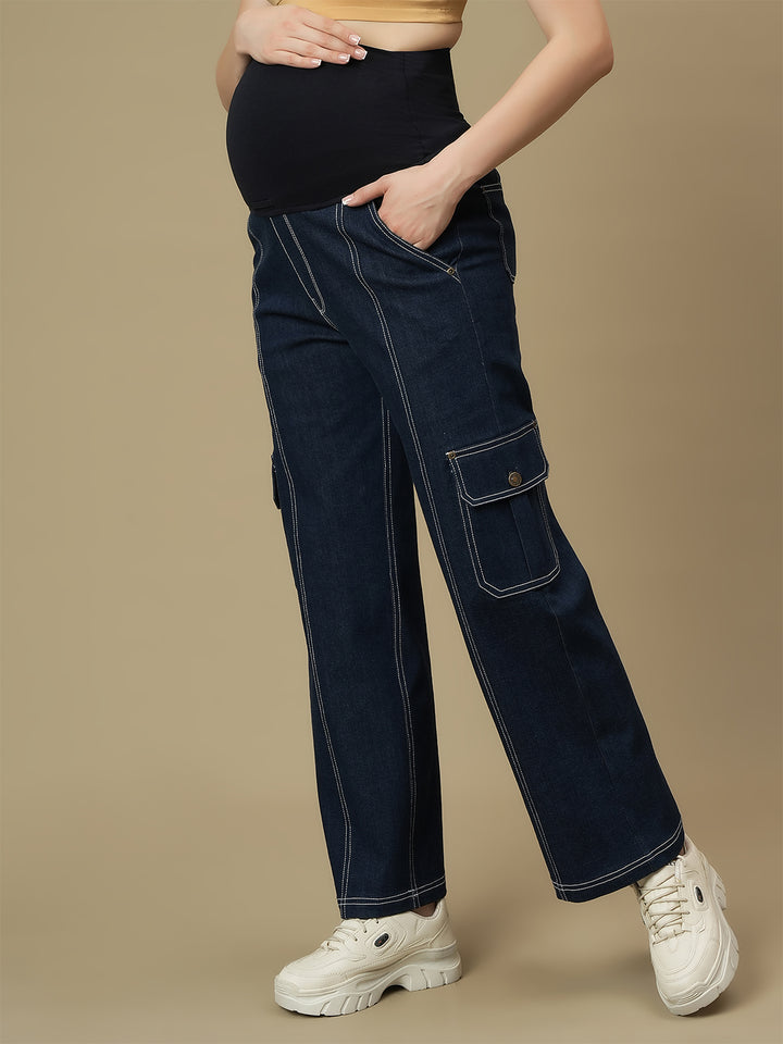 Blue Wide-leg Maternity Cargo Jeans