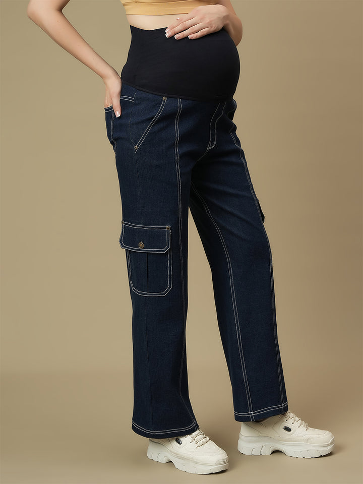 Blue Wide-leg Maternity Cargo Jeans