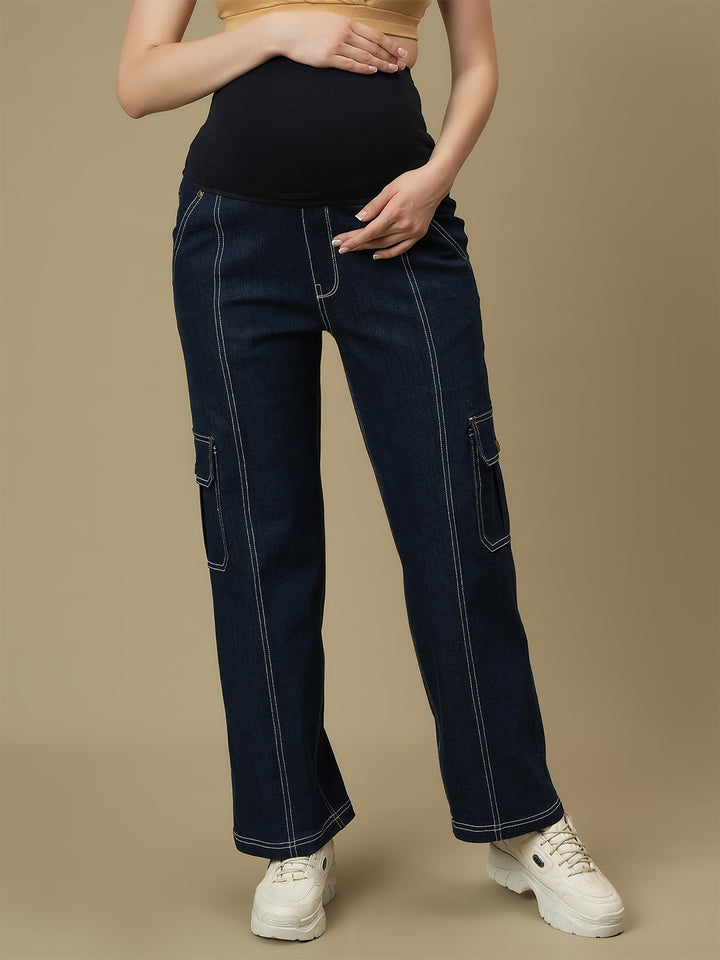 Blue Wide-leg Maternity Cargo Jeans
