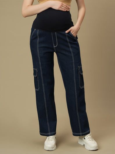 Blue Wide-leg Maternity Cargo Jeans