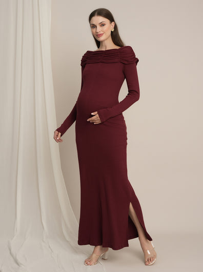 Boat neck maternity bodycon Maxi dress - Burgundy