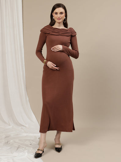 Boat Neck Maternity Bodycon Dress- Brown