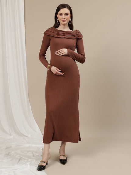Boat Neck Maternity Bodycon Dress- Brown Boat Neck Maternity Bodycon Dress- Brown