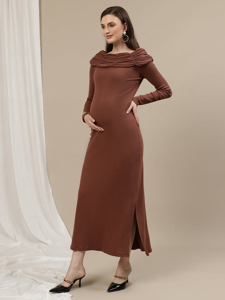 Boat Neck Maternity Bodycon Dress- Brown