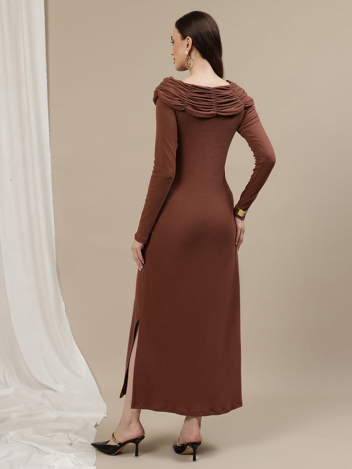 Boat Neck Maternity Bodycon Dress- Brown