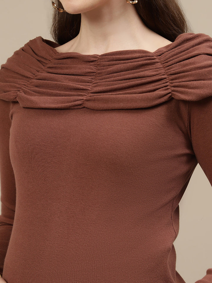 Boat Neck Maternity Bodycon Dress- Brown