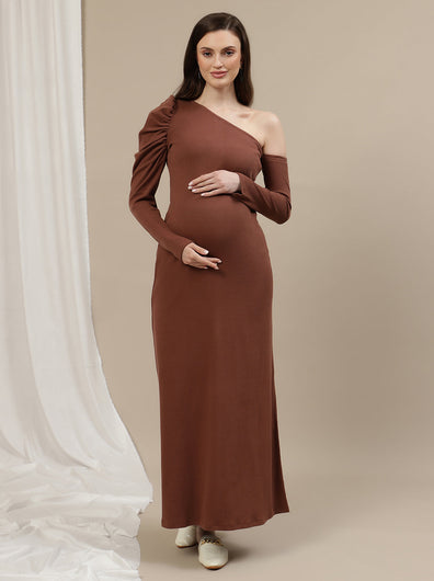 One-Shoulder Maternity Bodycon Dress- Brown