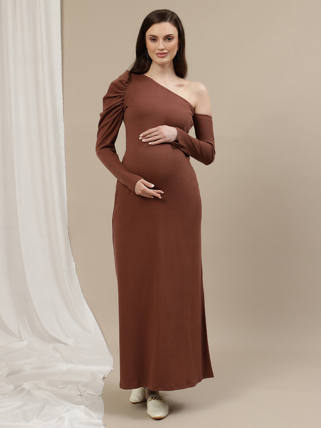 One-Shoulder Maternity Bodycon Dress- Brown One-Shoulder Maternity Bodycon Dress- Brown
