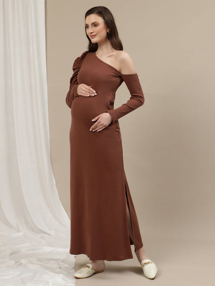 One-Shoulder Maternity Bodycon Dress- Brown One-Shoulder Maternity Bodycon Dress- Brown