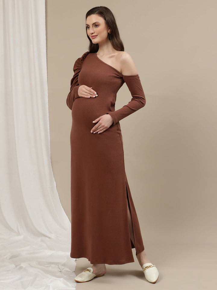 One-Shoulder Maternity Bodycon Dress- Brown