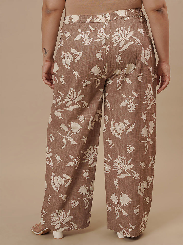 Plus-size woman in back view wearing Brown Cotton Plus Size Co-Ord Set with loose fit and straight hem design