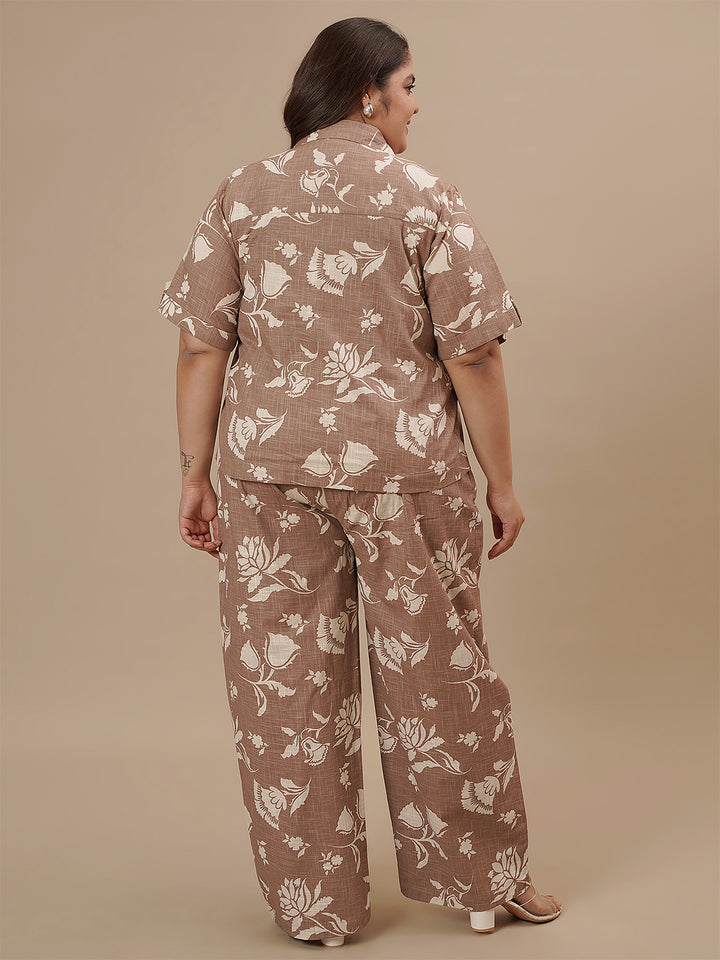 Brown Cotton Plus Size Co-Ord Set