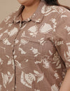 Close-up view of Brown Cotton Plus Size Co-Ord Set showing front button detail and cotton texture