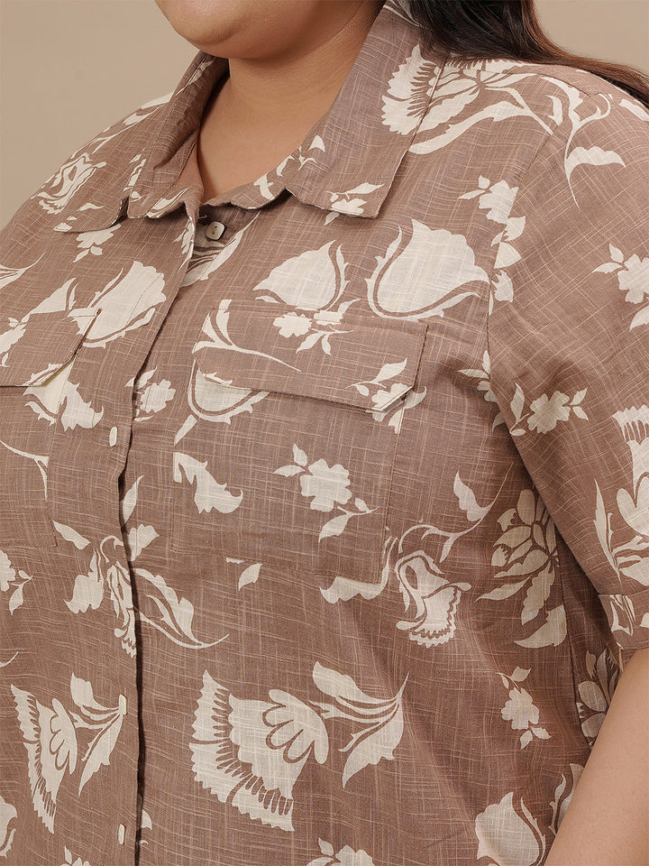 Close-up view of Brown Cotton Plus Size Co-Ord Set showing front button detail and cotton texture